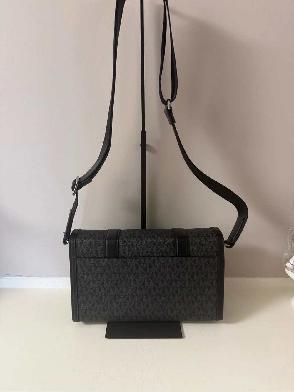NWOT! Michael Kors Men’s Black Logo-Print Messenger Bag with Buckle Straps